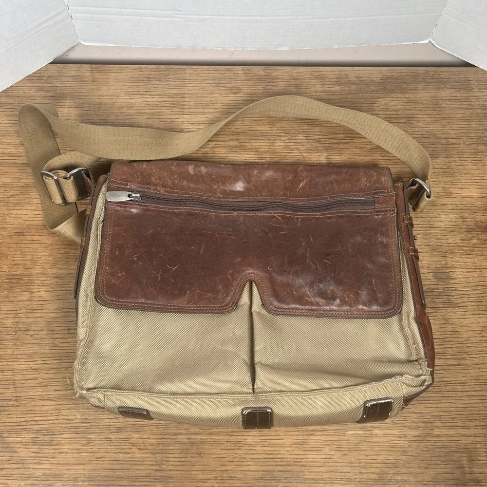 Fossil Messenger Bag‎ Men's Green Brown Nylon Leather Case Carry Distressed